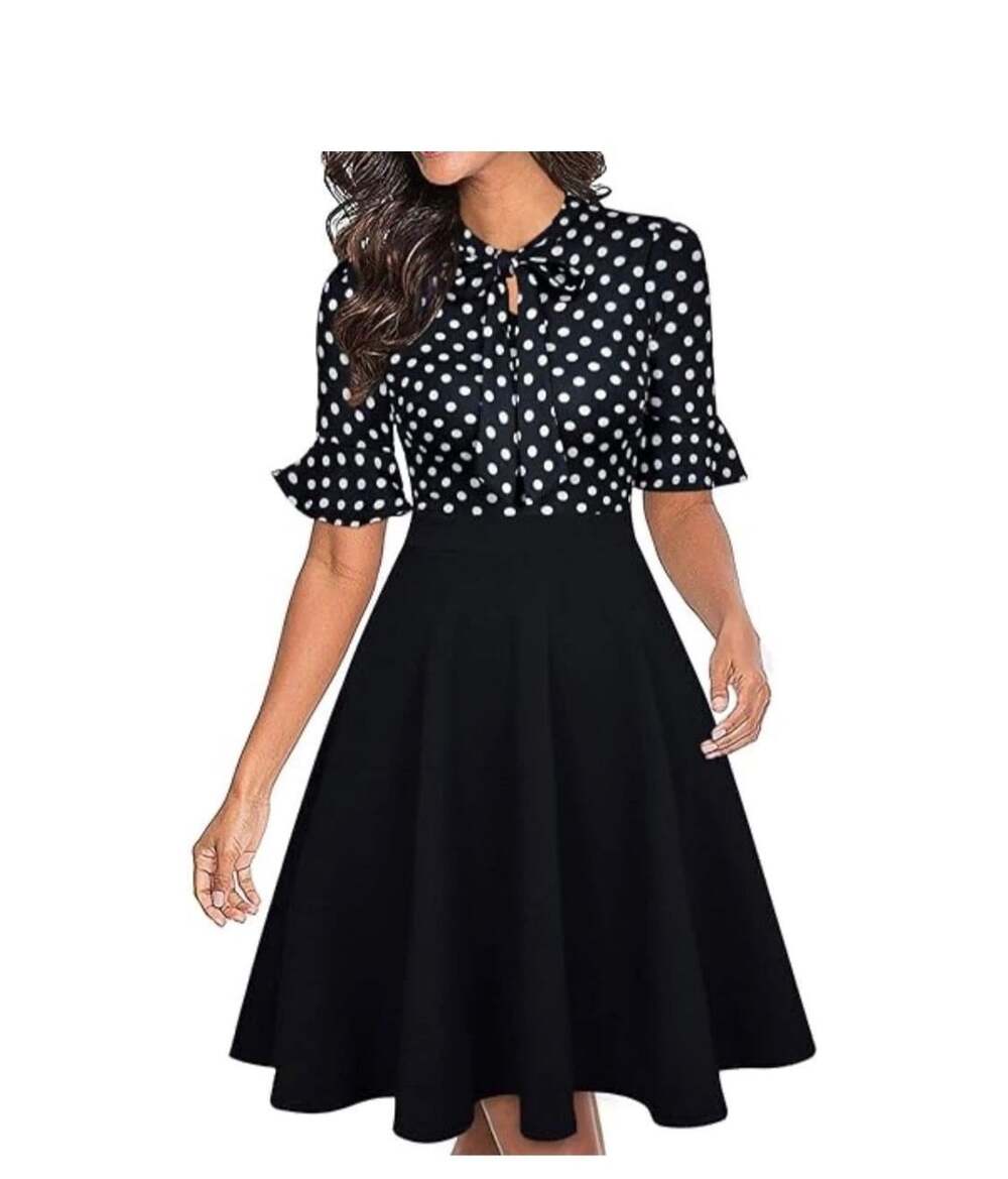 RANPHEE Women Summer Black n White Polka Dot Ruffle Sleeve Fit Flare Midi Dress